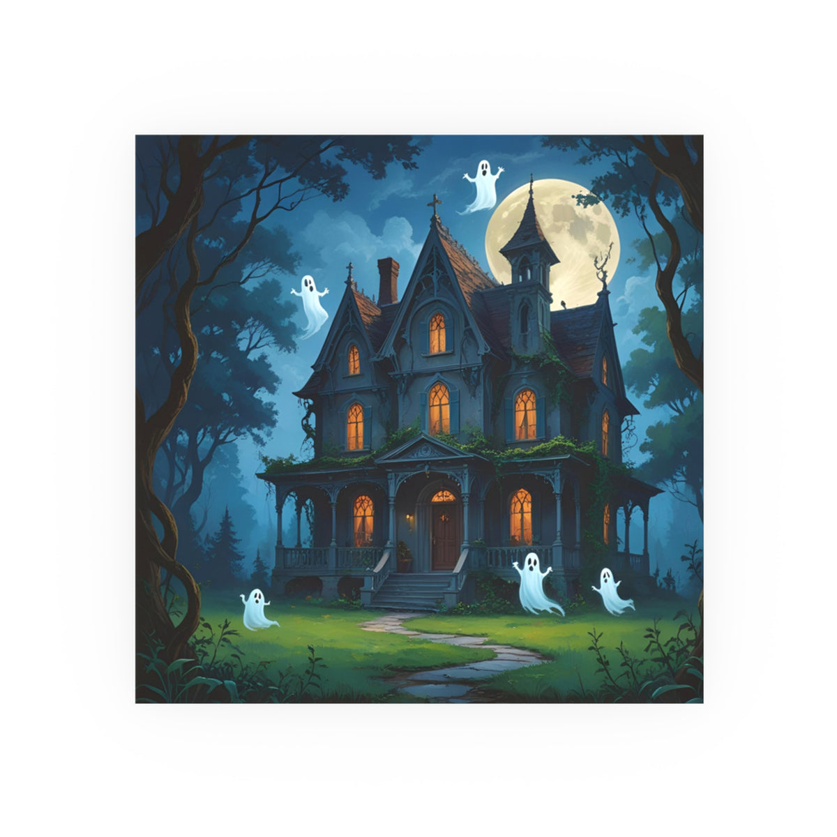 Spooky house with ghosts in a forest at night