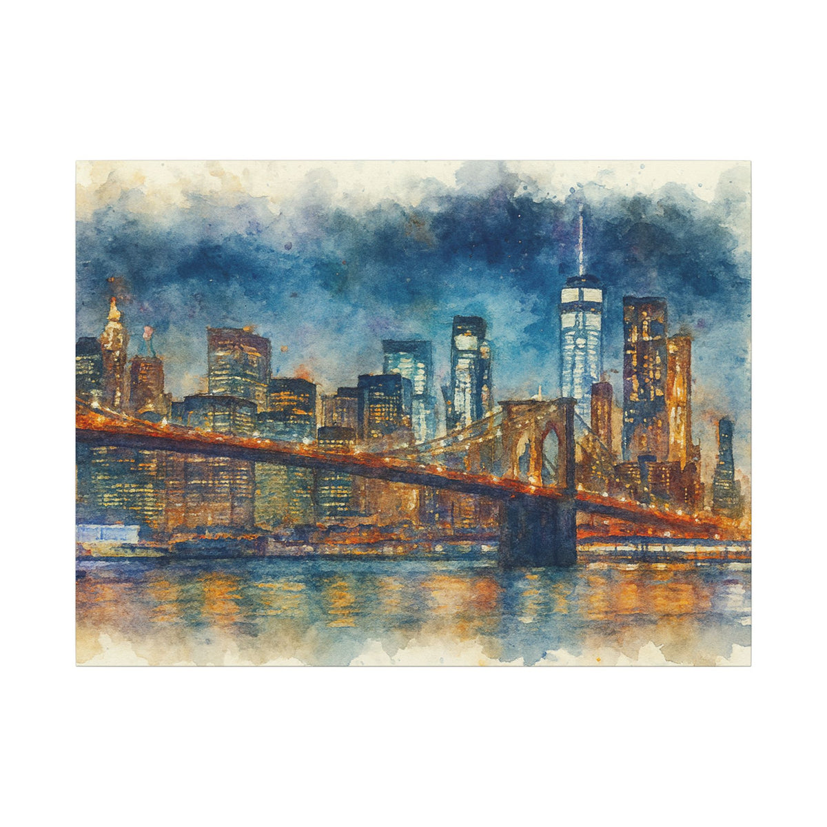 Painting of a city skyline with a bridge over water