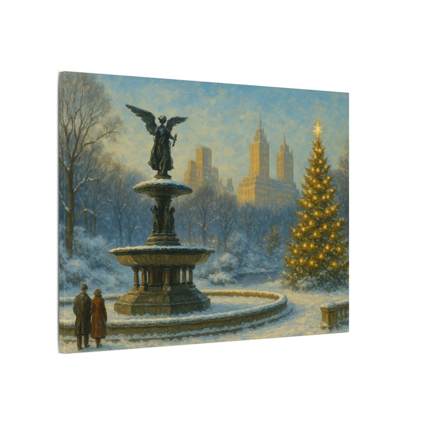 Bethesda Fountain with angel statue in a snowy park with Christmas tree and city skyline.