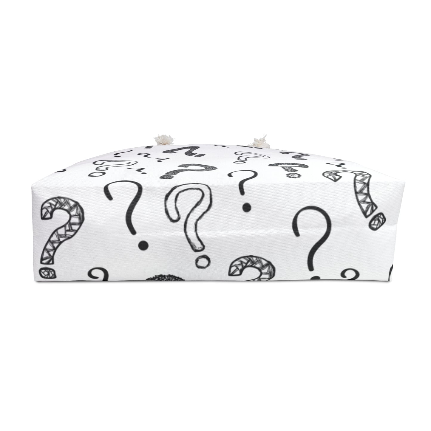 White box with black question marks on a white background