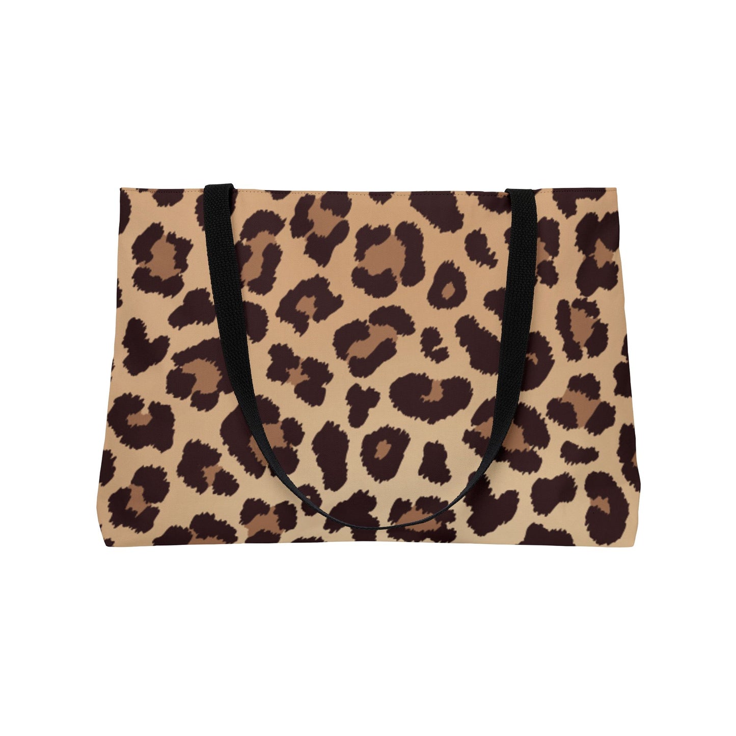 Leopard print bag with black handles on a white background