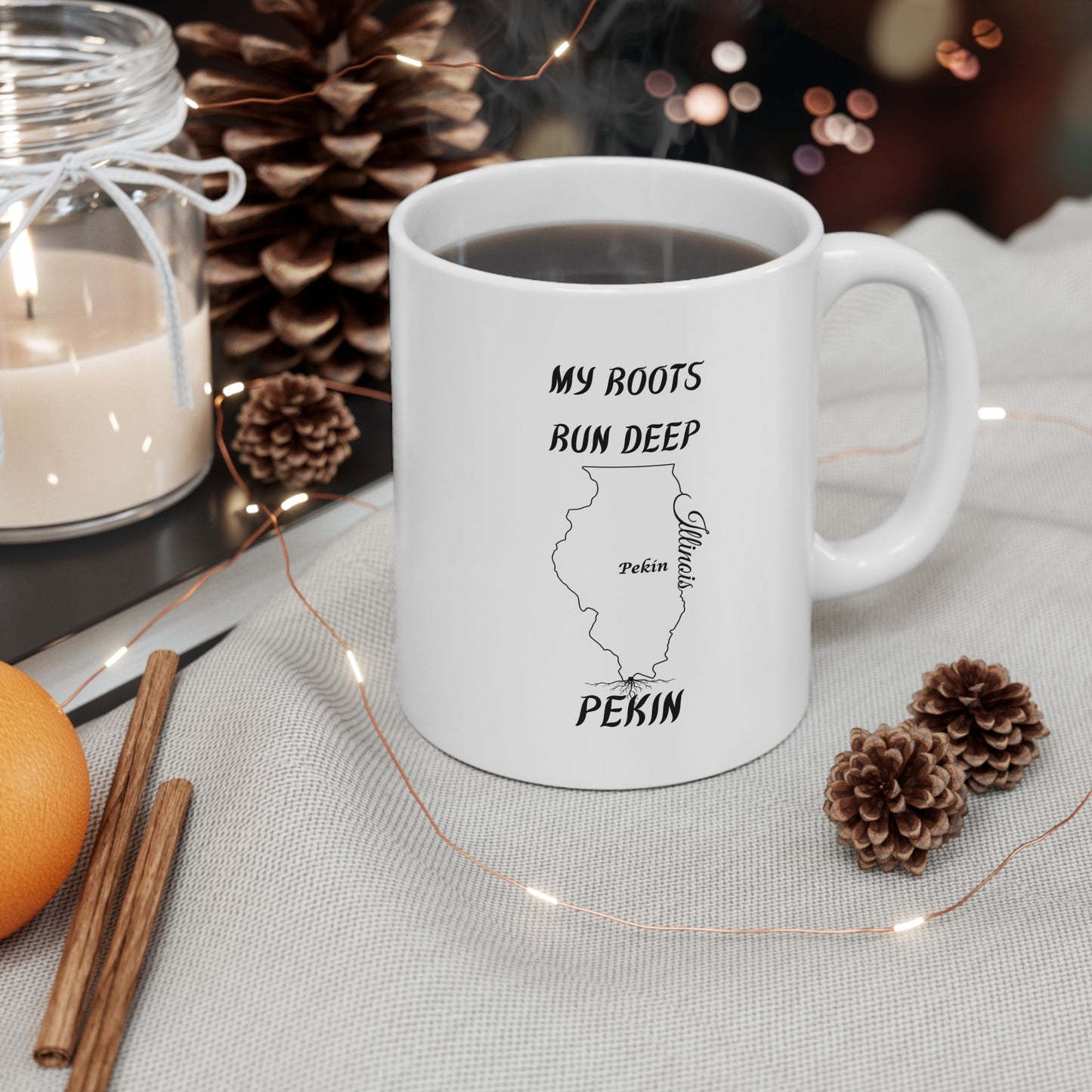 Illinois State Outline with Tree Roots Hometown Pride "My Roots Run Deep Pekin" Gift State Coffee Cup Gift Ceramic Mug Perfect Gift for Birthdays