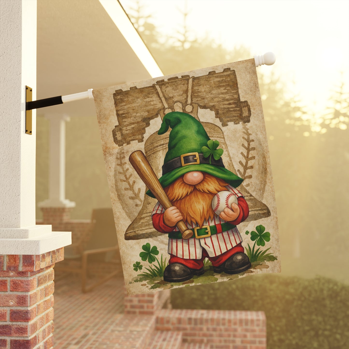 St Patrick’s Day Gnome Garden Flag – Irish Baseball Gnome with Liberty Bell & Shamrocks | Green Outdoor Decor