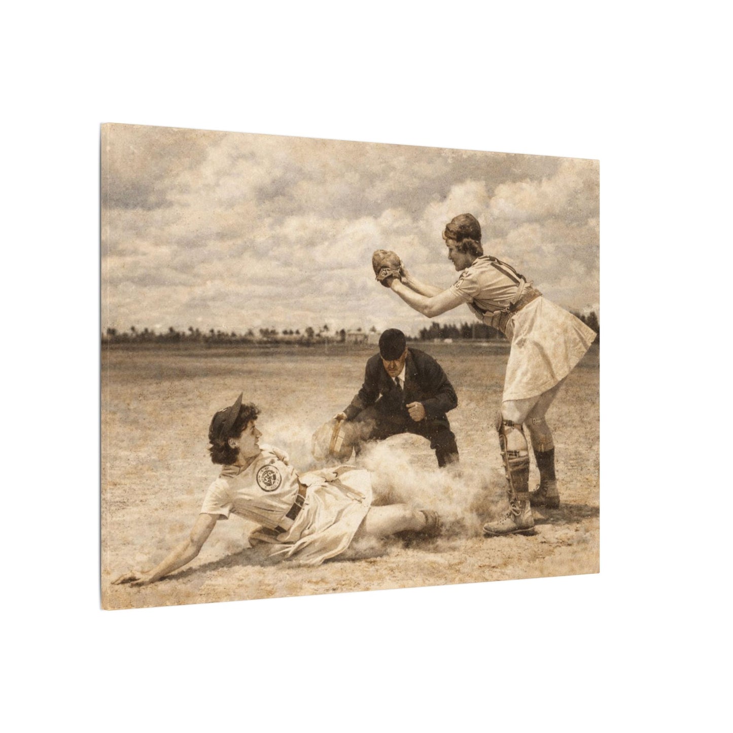 Vintage-style photo of a baseball game with players in action on a field.