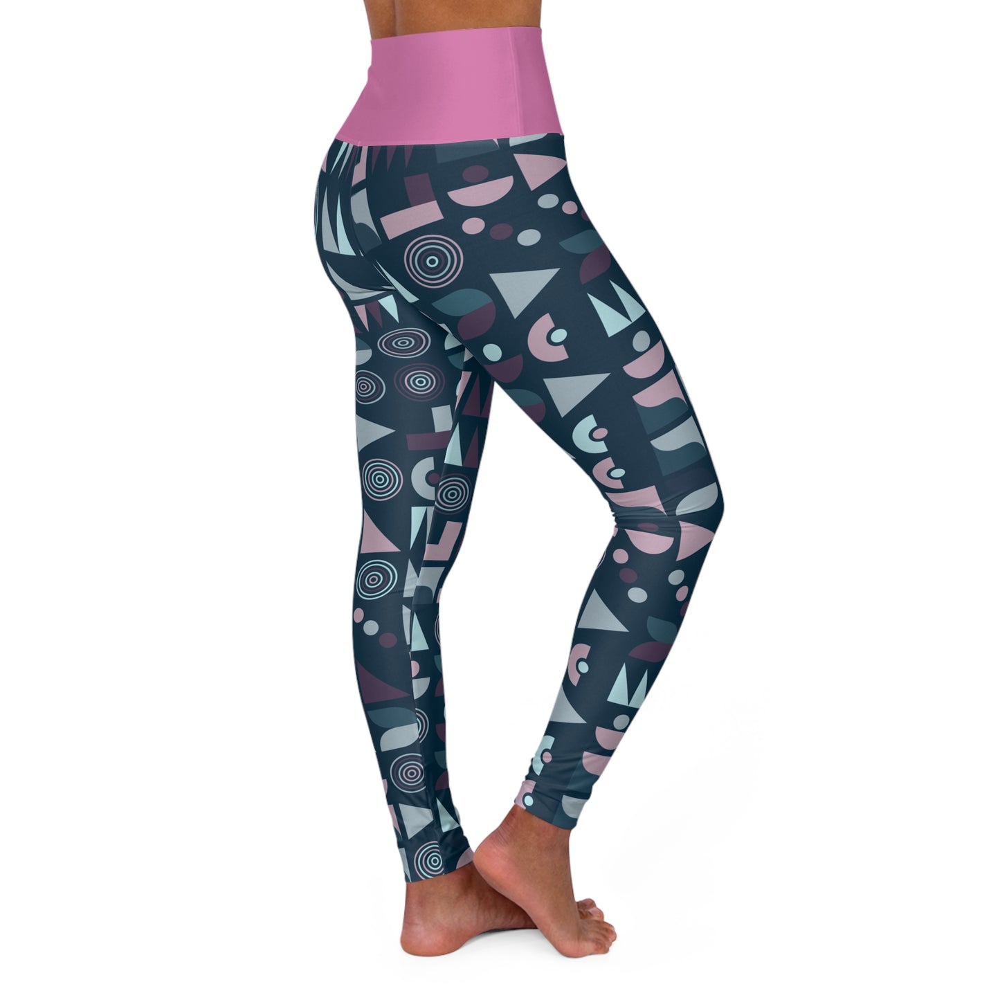 Women’s High-Waisted Yoga Pants – Pink Waistband Blue Abstract Geometric Leggings
