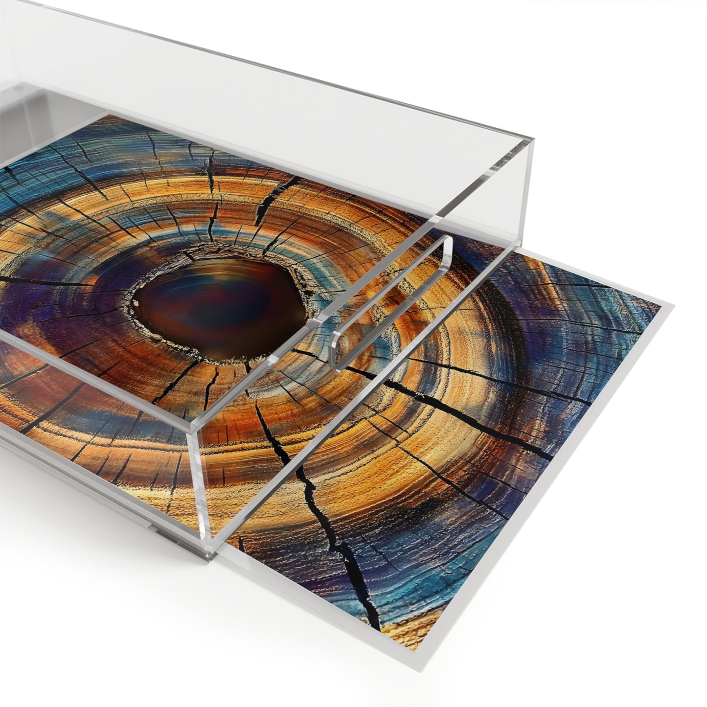 Glass coffee table with a unique, multicolored design on a white background