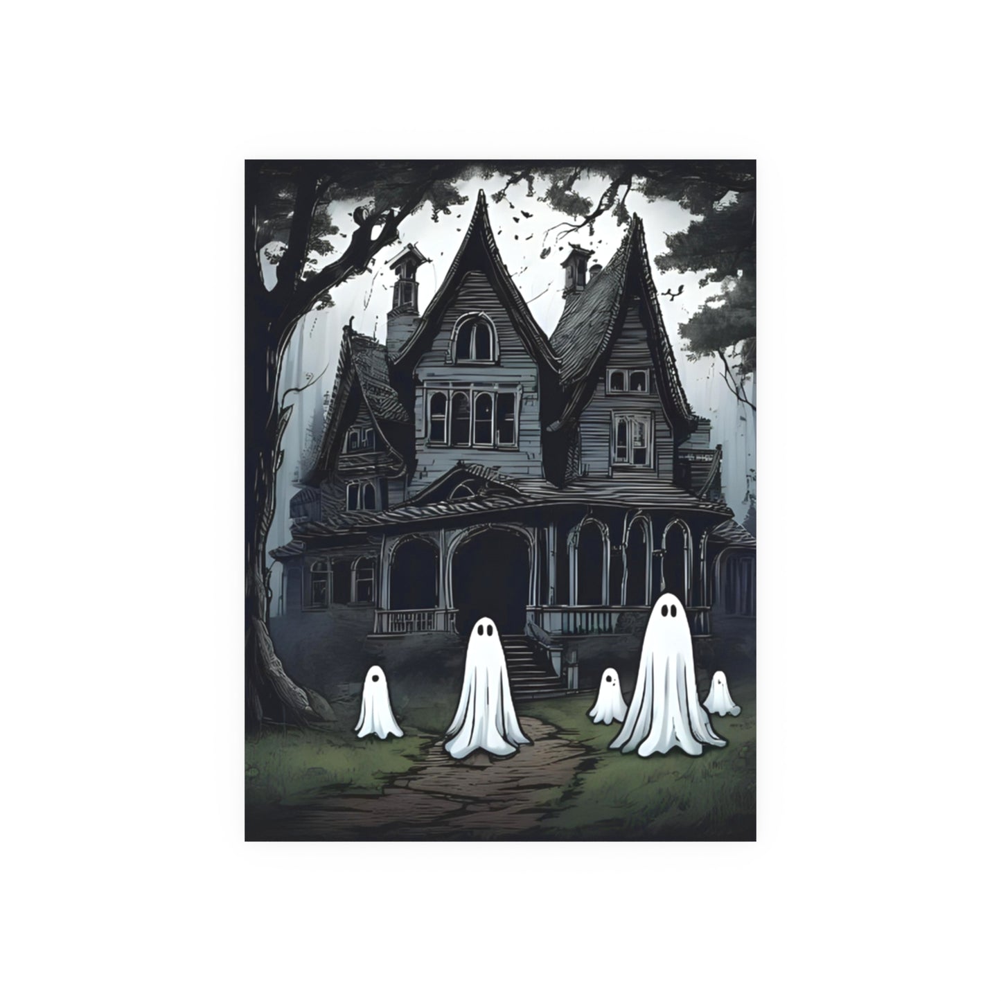 Spooky house with ghosts in a dark, eerie setting