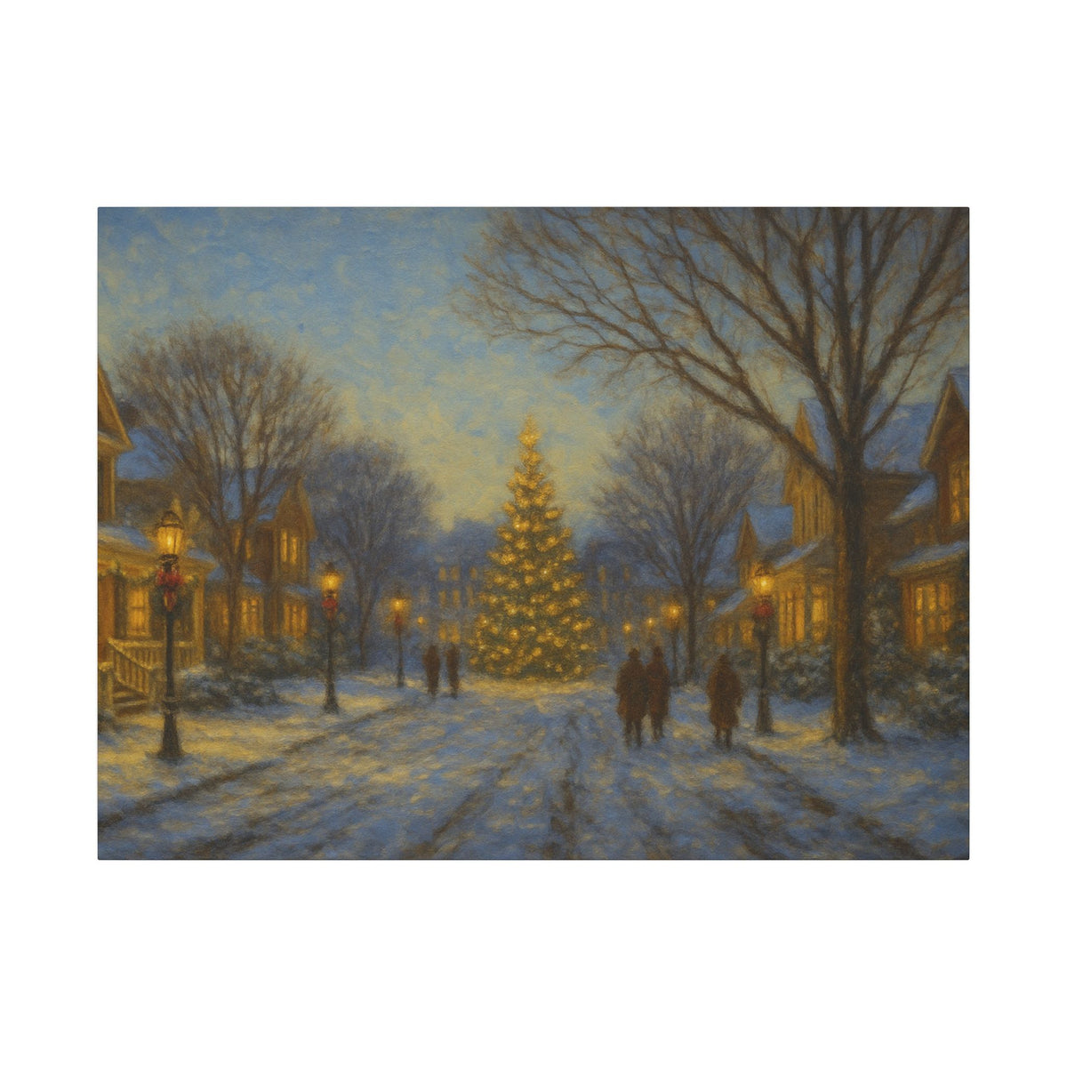 Winter village scene with a decorated Christmas tree and people walking on a snowy street.