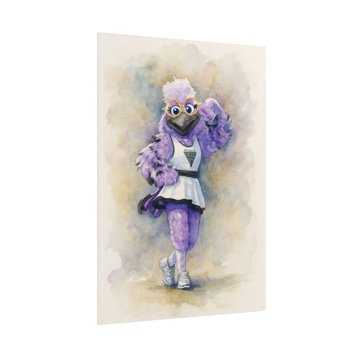 Violet Raven mascot with glasses and a white outfit on a watercolor background