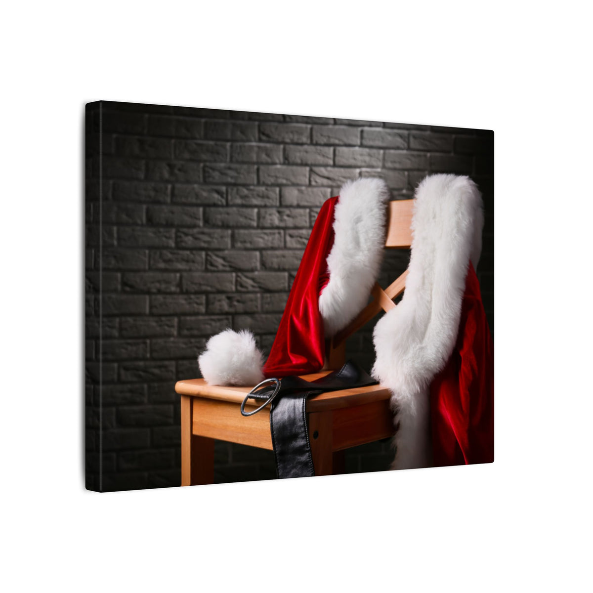 Red Santa Claus coat with white fur trim on a wooden chair against a black brick wall.
