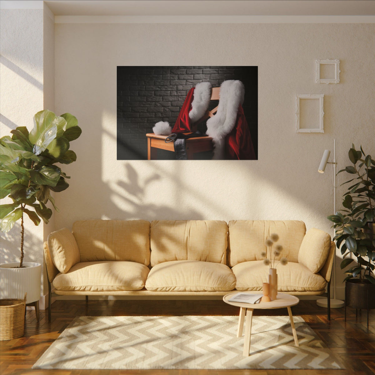 Living room with beige sofa, coffee table, and decorative wall art.