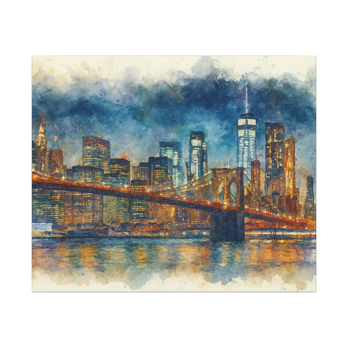 City skyline with a bridge at night, watercolor style