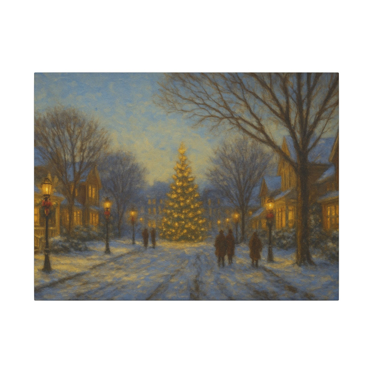 Winter scene with a decorated Christmas tree in a snowy village street.