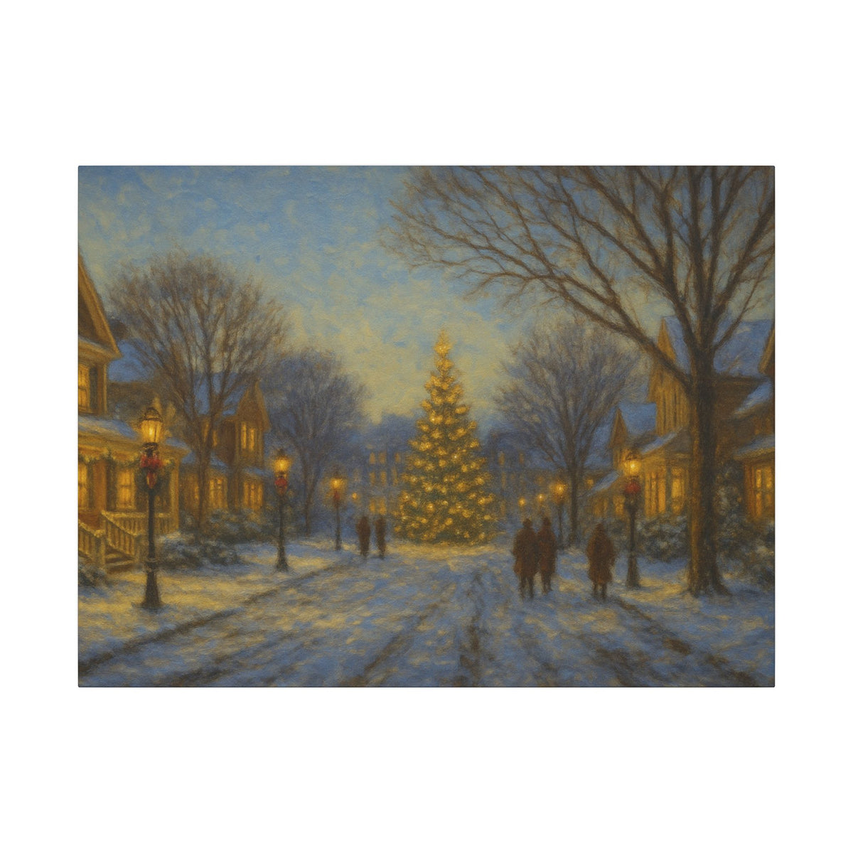 Painting of a snowy street scene with a Christmas tree and people walking.