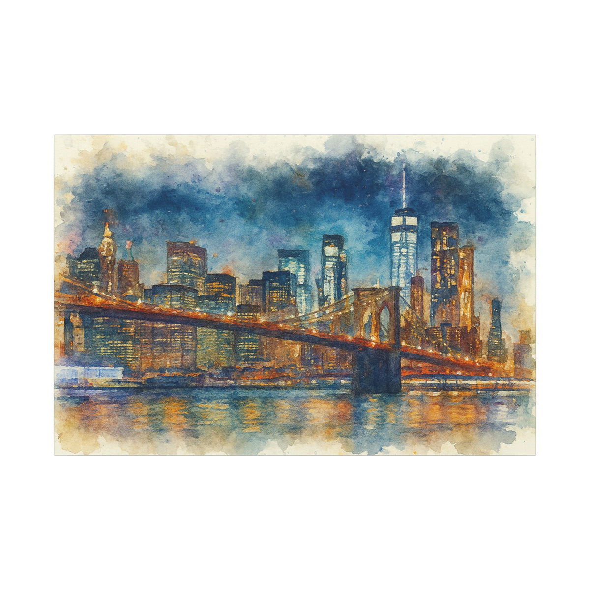 Watercolor painting of a city skyline with a bridge over water
