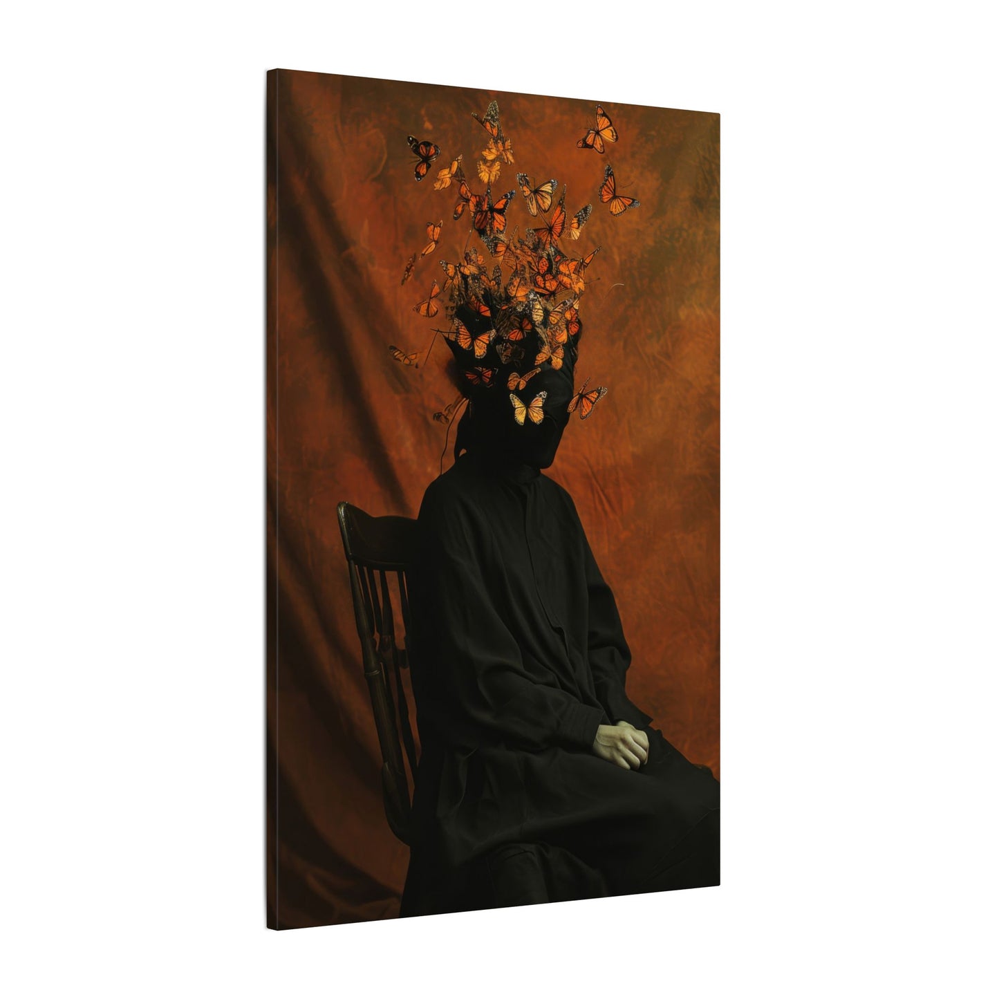 Artistic depiction of a person with butterflies around their head on a textured brown background