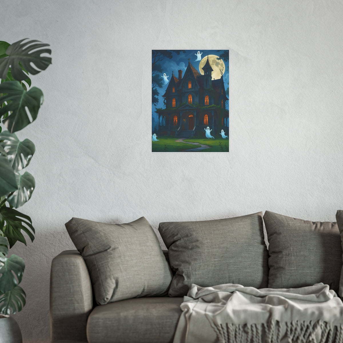 Moonlit Haunted House Halloween Poster | Cute Ghost Gothic Wall Art