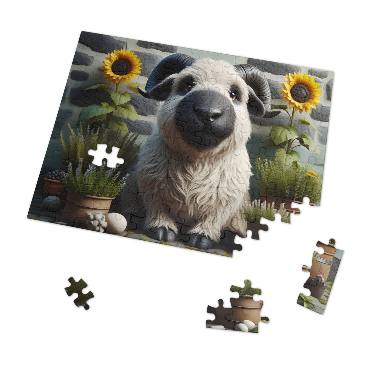 Jigsaw puzzle with a sheep and sunflower design on a white background