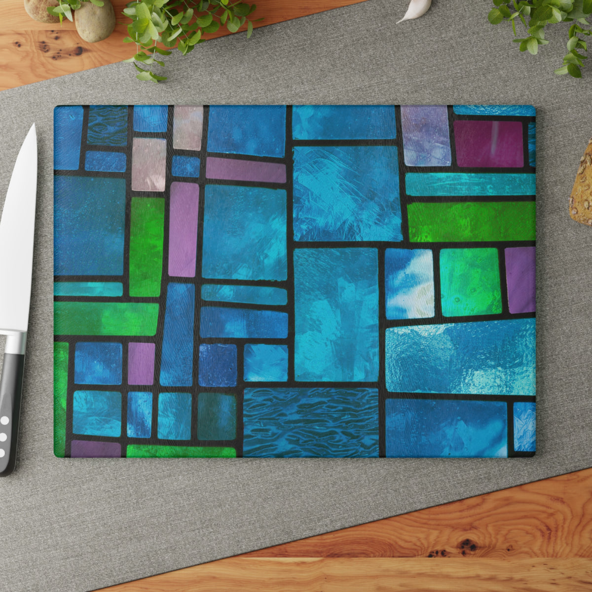 Blue Green Stained Glass Cutting Board | Mosaic Kitchen Decor