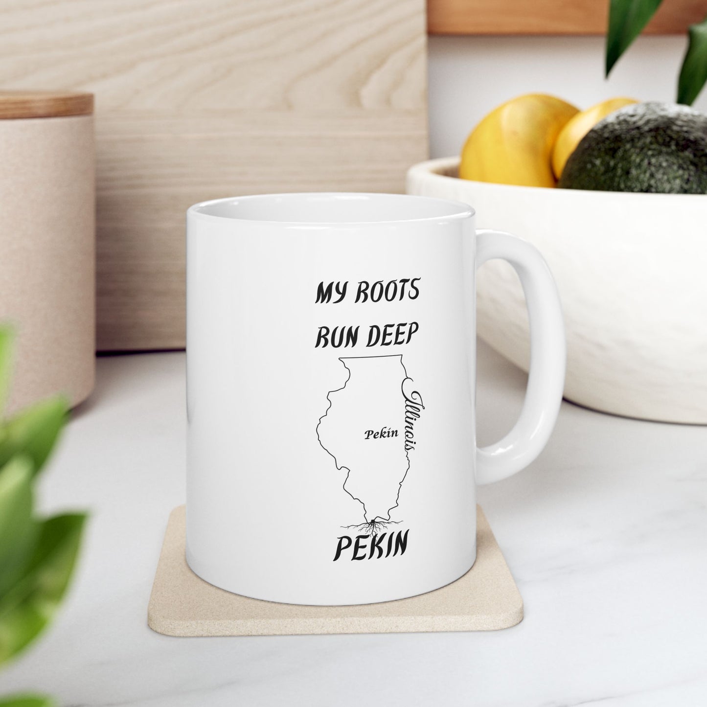 Illinois State Outline with Tree Roots Hometown Pride "My Roots Run Deep Pekin" Gift State Coffee Cup Gift Ceramic Mug Perfect Gift for Birthdays
