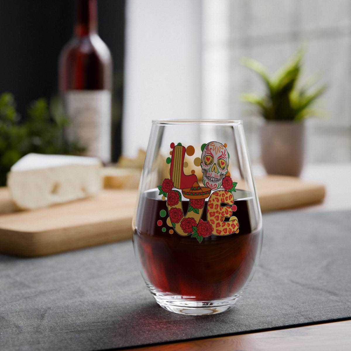 Love Sugar Skull Stemless Wine Glass – Romantic Rose Sombrero Design – Valentine’s Day Gift – Día de los Muertos Drinkware – Couples Gift