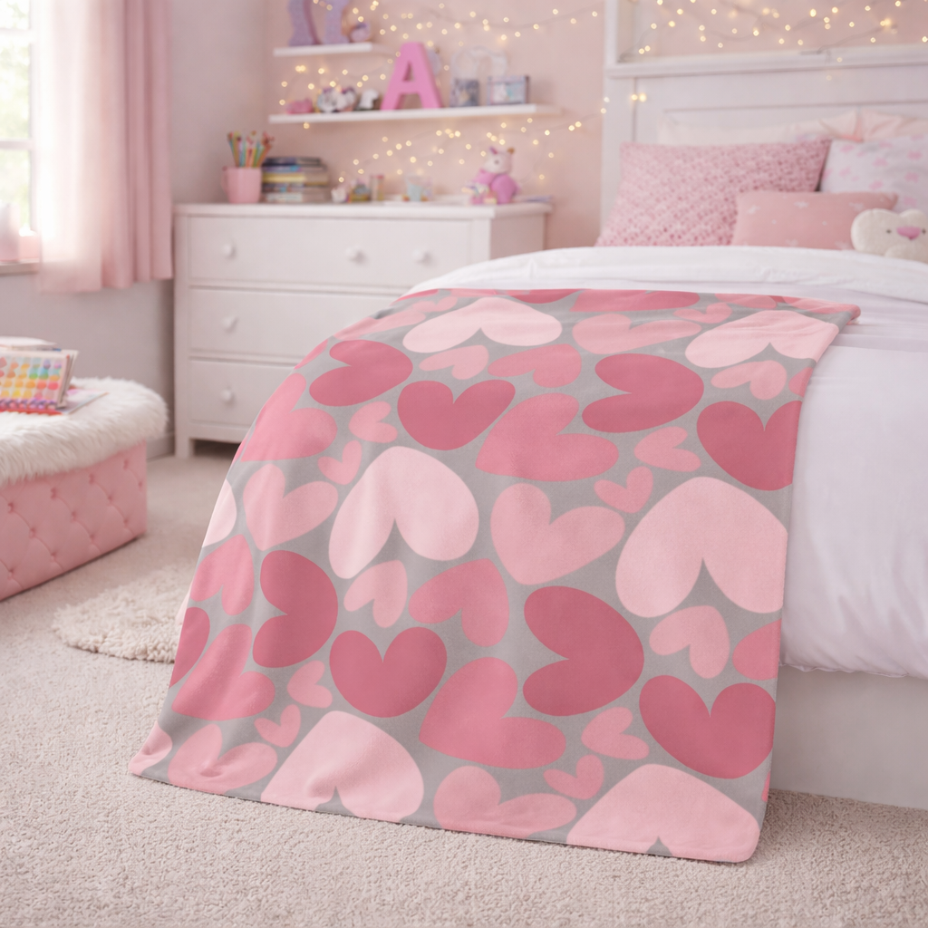 Heart-patterned blanket on a bed in a child's bedroom with pink and gray color scheme.