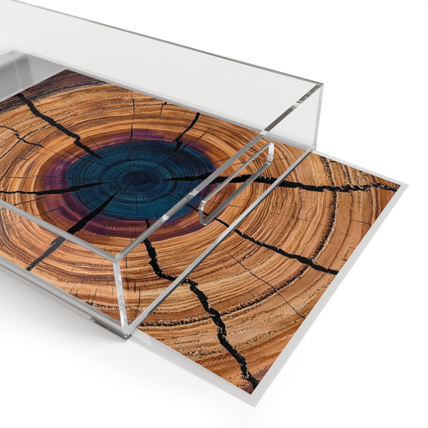 Wooden coffee table with glass top and metal frame on a white background
