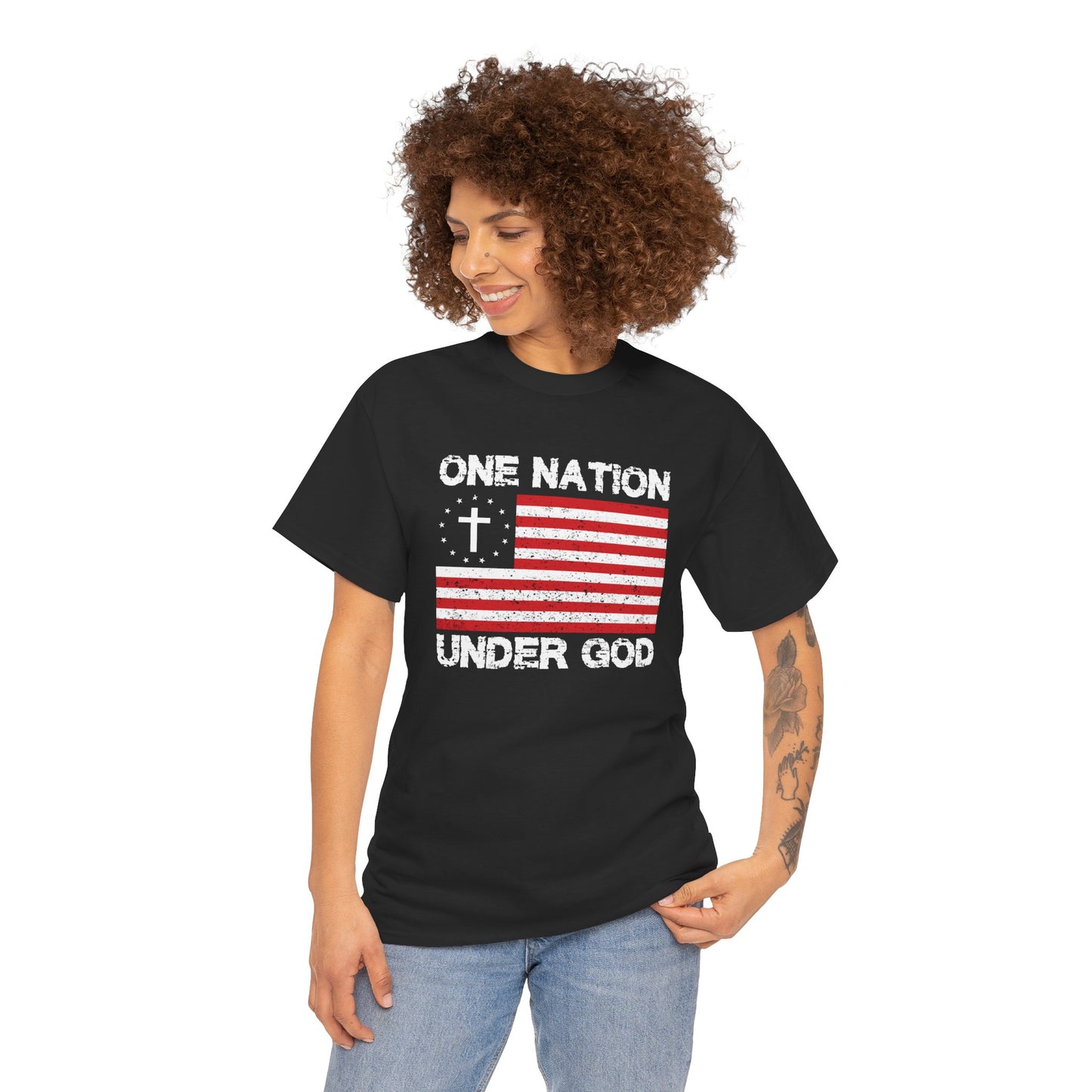 Christian Patriotic One Nation Under God T-Shirt Distressed American Flag with Cross Tee Faith & Freedom Shirt USA Flag Gift