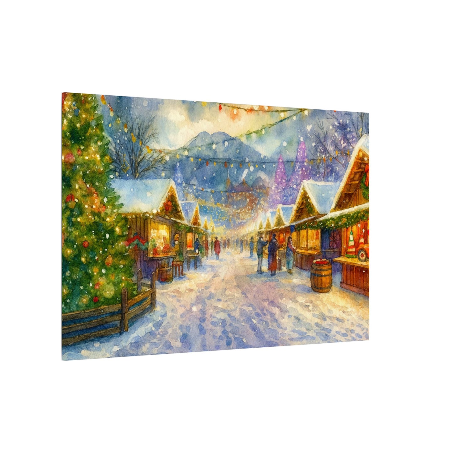 Winter village scene with Christmas trees and market stalls on a snowy street.