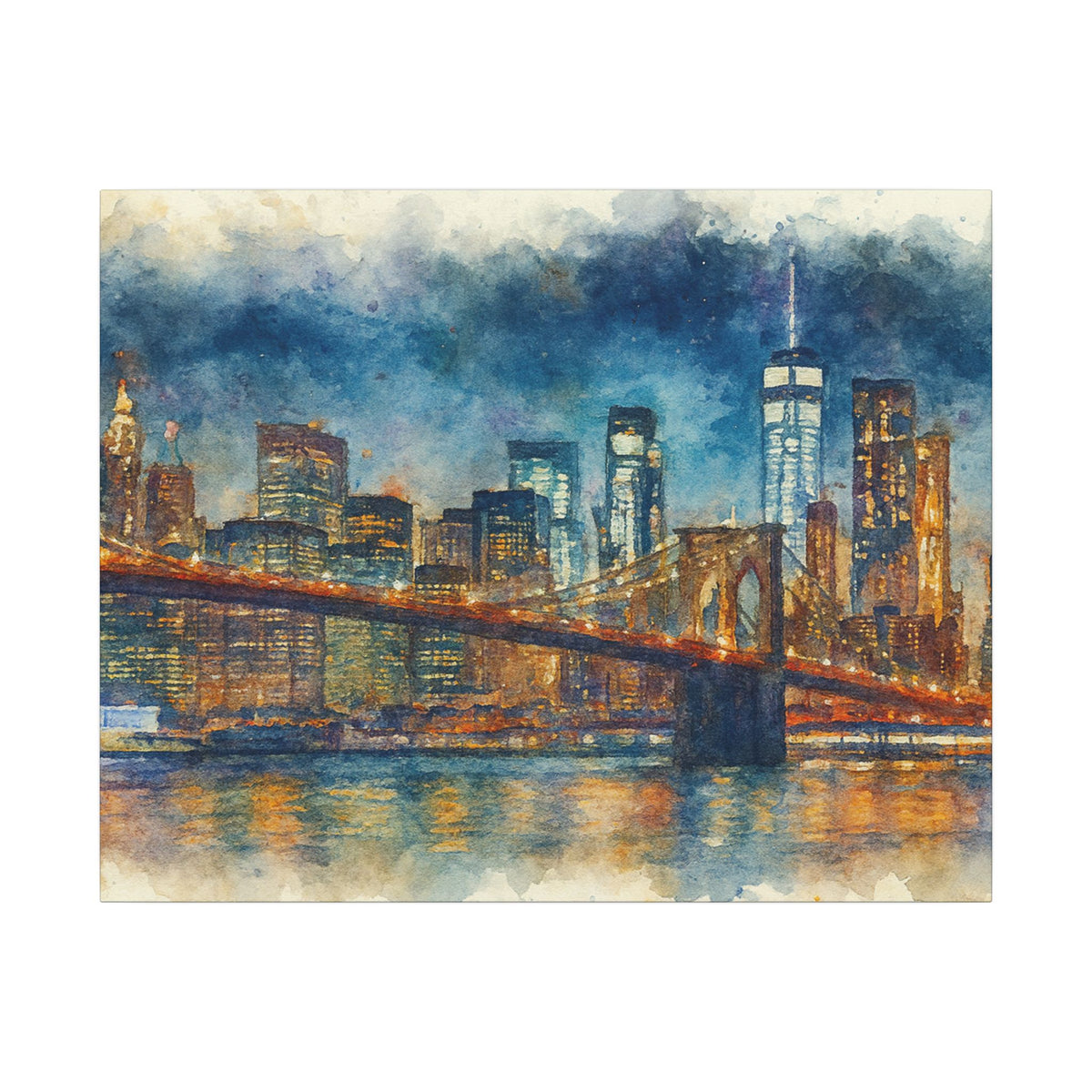 Artistic depiction of a city skyline with a bridge over water