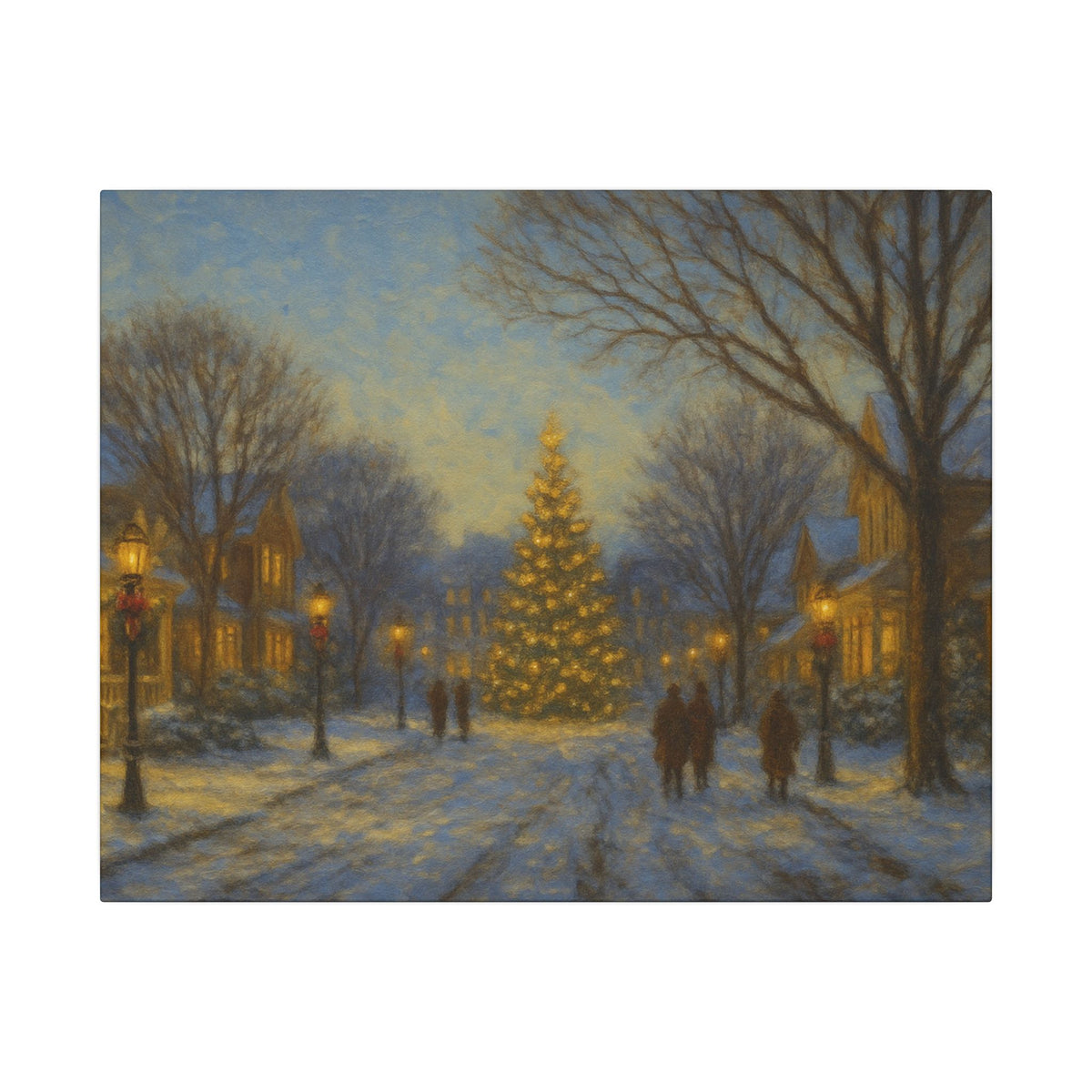 Winter scene with a decorated Christmas tree on a snowy street at night.