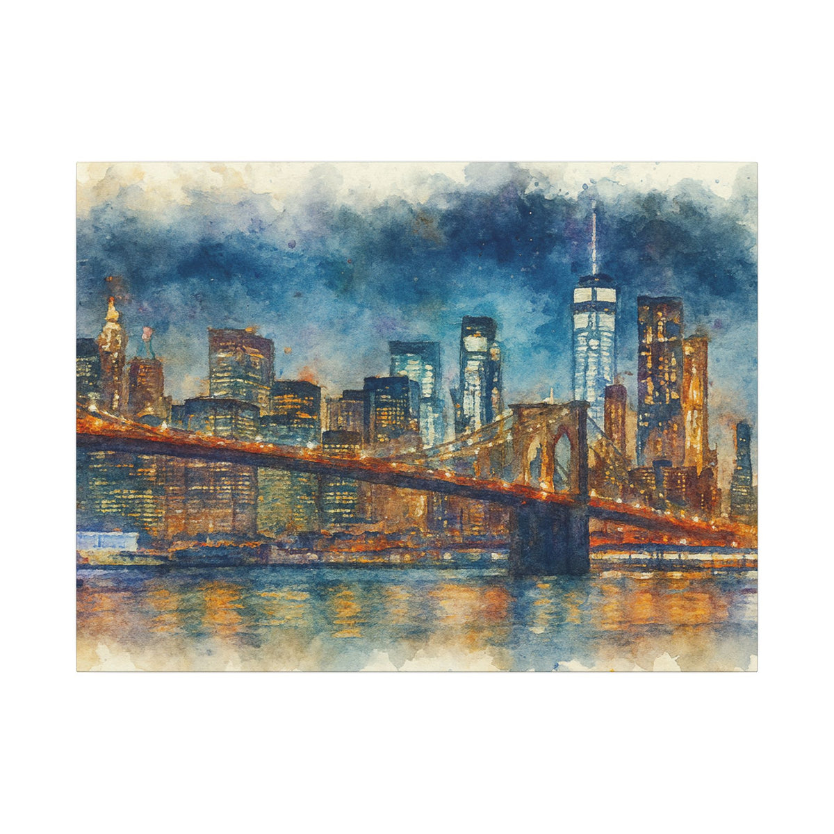 City skyline with a bridge at night, watercolor style