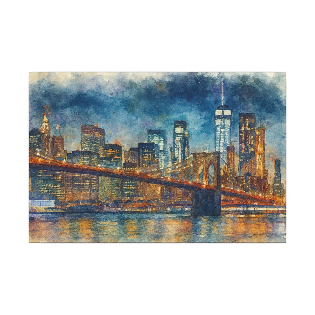 City skyline with a bridge at night, watercolor style