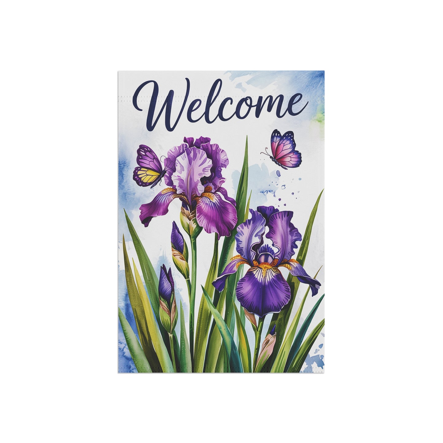 Decorative sign with purple irises and butterflies featuring the word 'Welcome'.