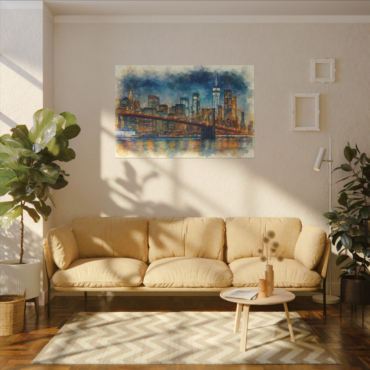 Living room with beige sofa, coffee table, and cityscape painting on the wall.