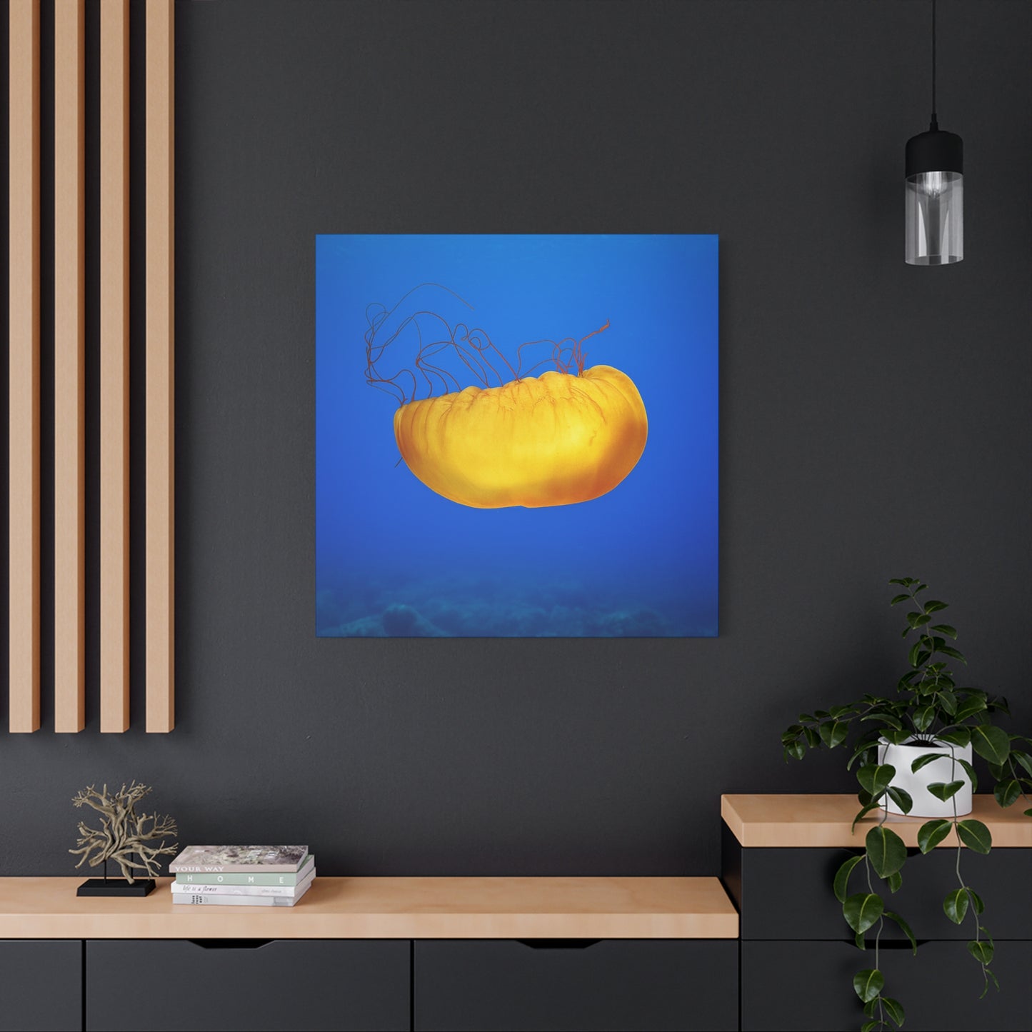 Golden Jellyfish Canvas Wall Art | Ocean Photography Print | Coastal Home Decor | Marine Life Artwork | Blue Sea Jellyfish Poster 1.25"