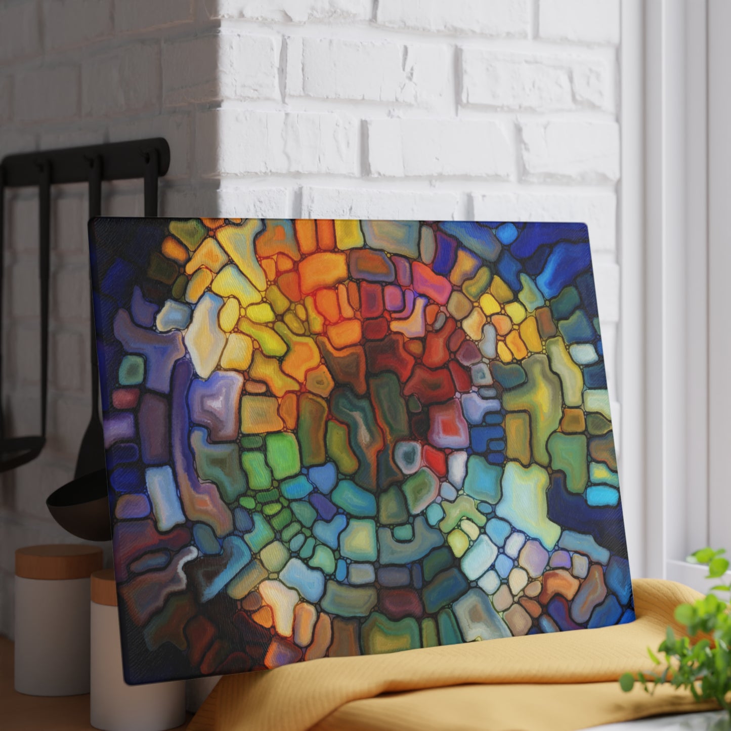 Stained Glass Mosaic Spiral Glass Cutting Board | Colorful Abstract Kitchen Decor
