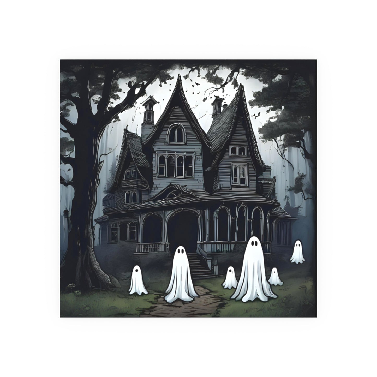 Halloween-themed artwork of a haunted house with ghosts in a dark forest.