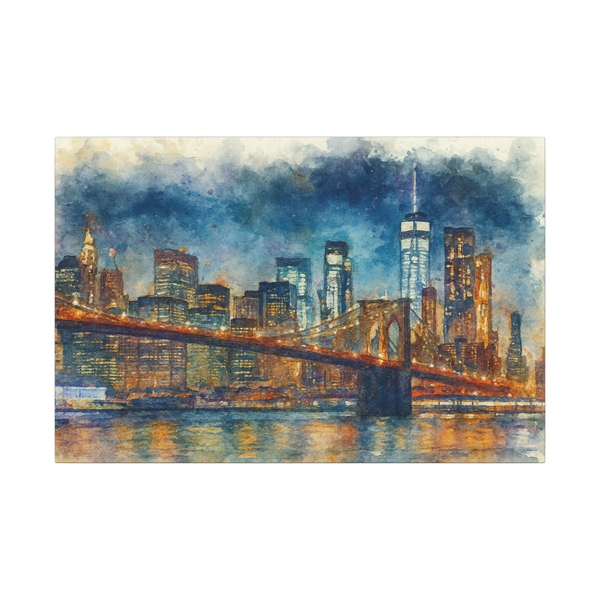Painting of a city skyline with a bridge at night