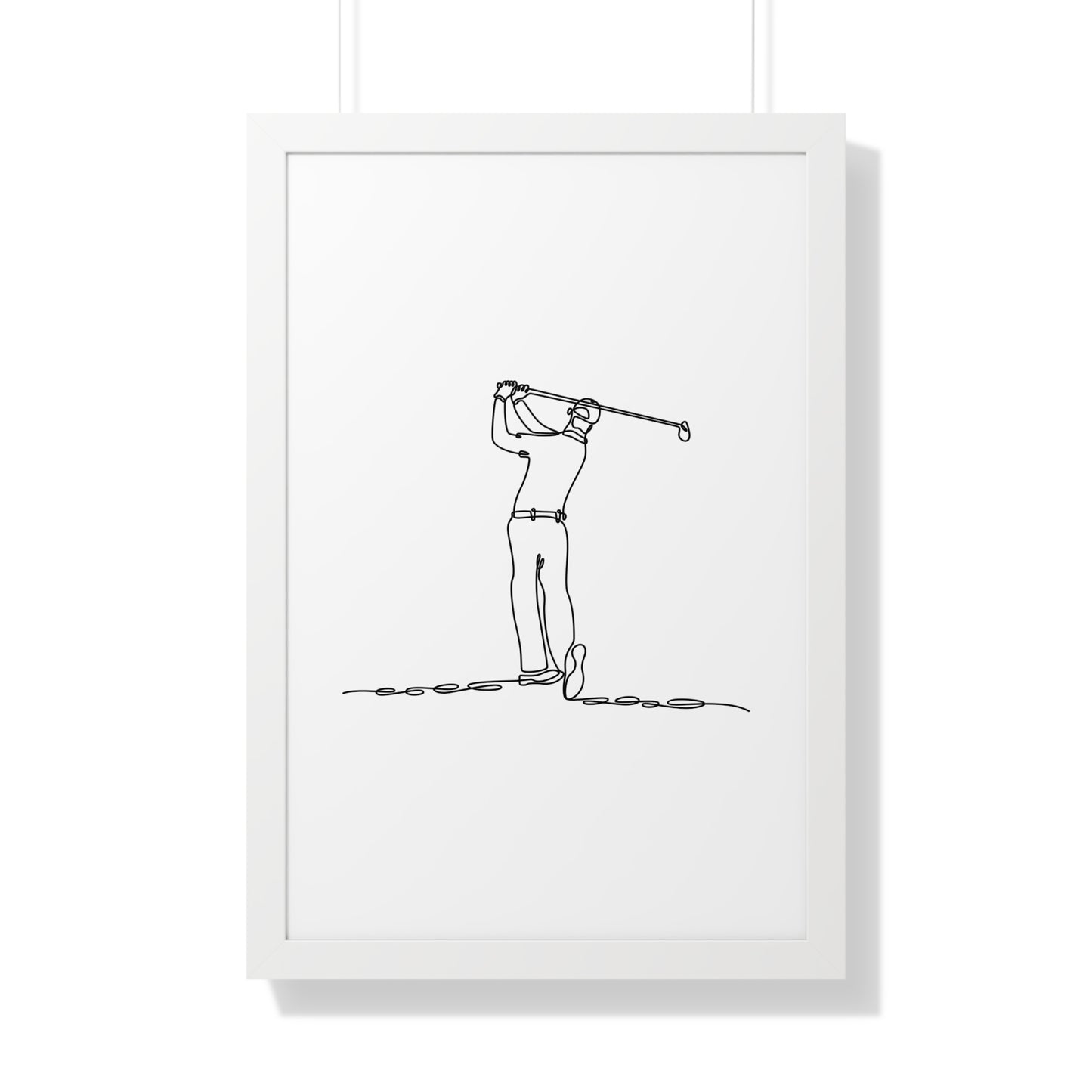 Framed line drawing of a golfer on a white background