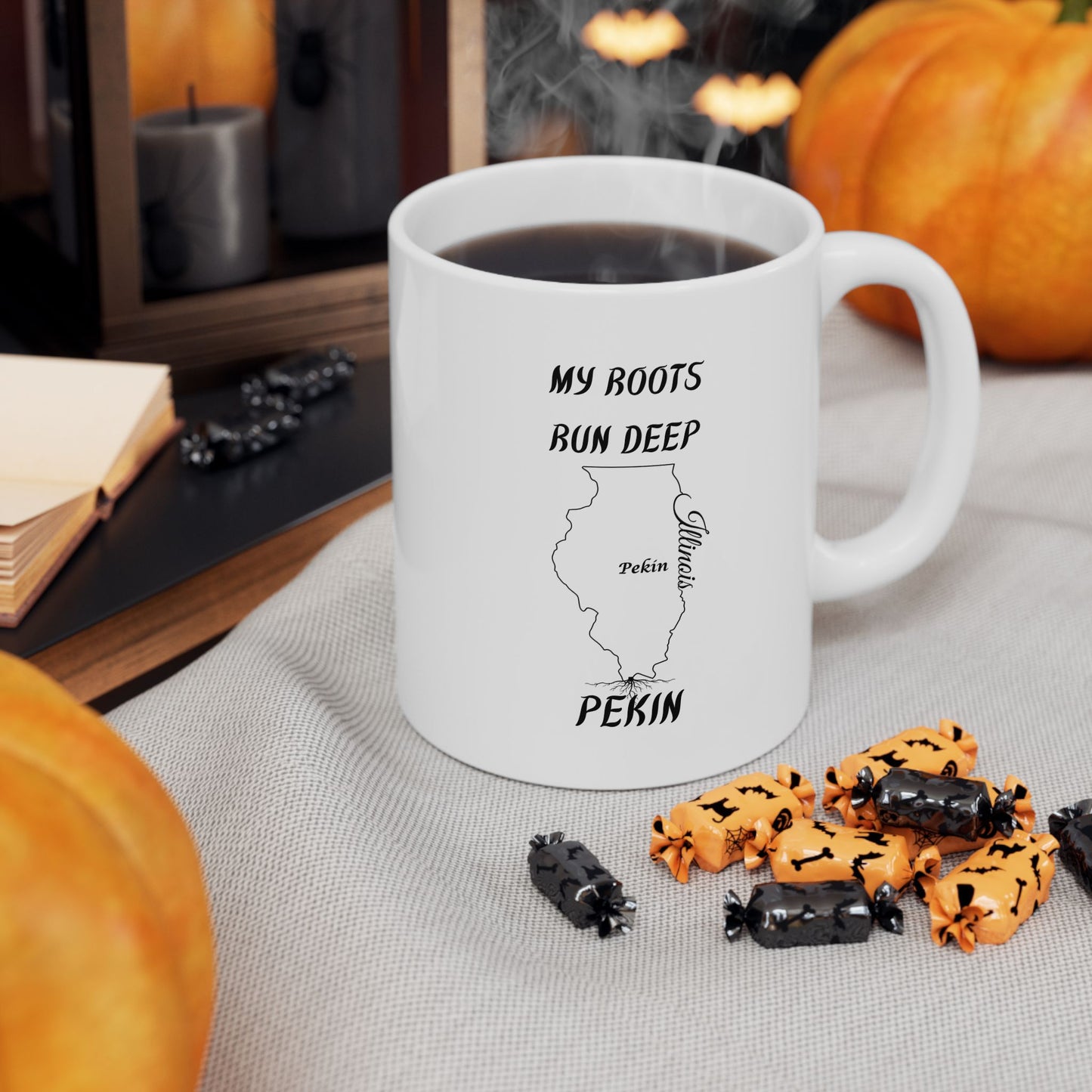 Illinois State Outline with Tree Roots Hometown Pride "My Roots Run Deep Pekin" Gift State Coffee Cup Gift Ceramic Mug Perfect Gift for Birthdays