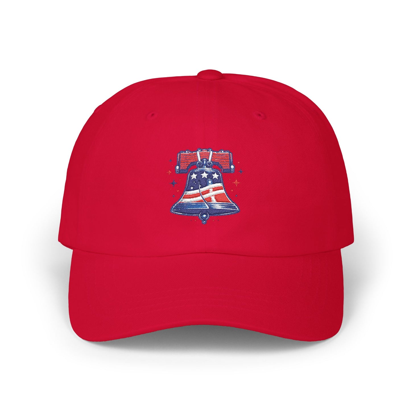 Red cap with a Liberty Bell design on a white background