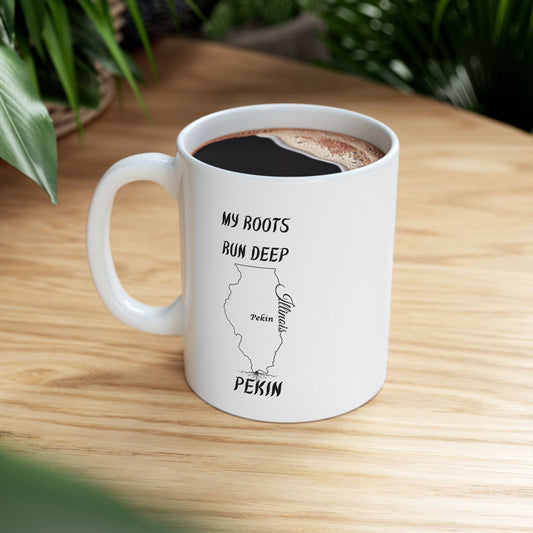 Illinois State Outline with Tree Roots Hometown Pride "My Roots Run Deep Pekin" Gift State Coffee Cup Gift Ceramic Mug Perfect Gift for Birthdays