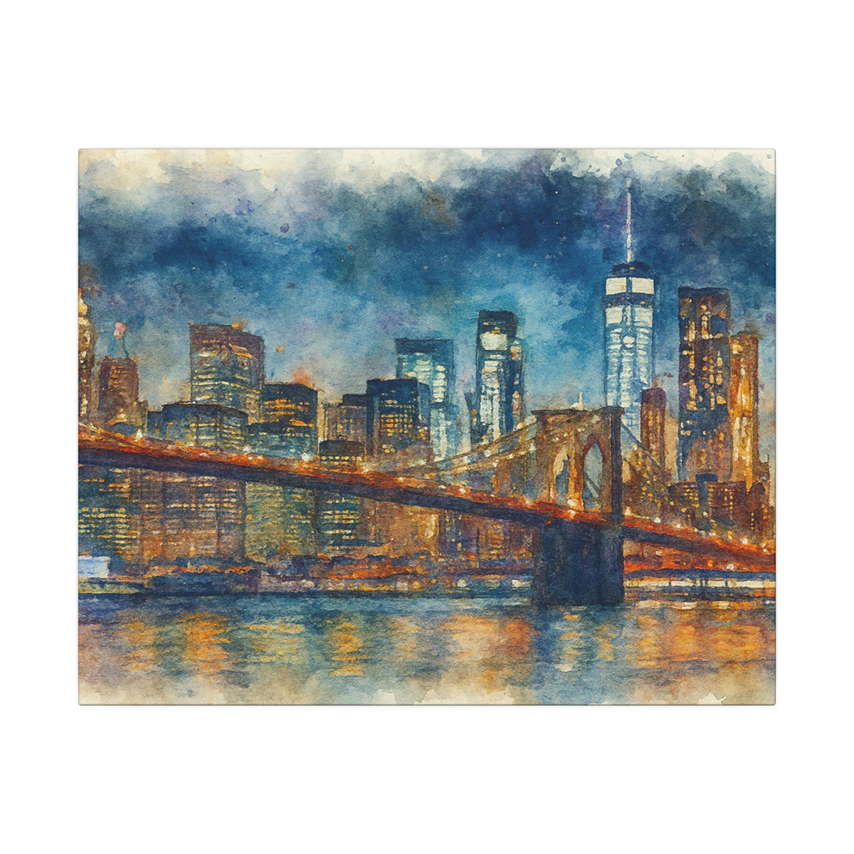 City skyline with a bridge at night, watercolor style