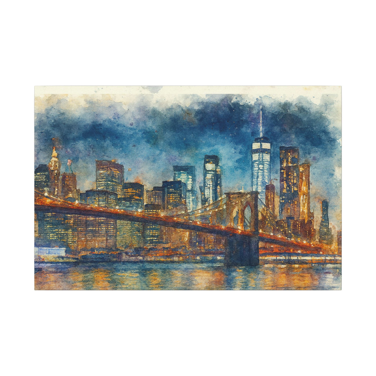 City skyline with a bridge at night, watercolor style