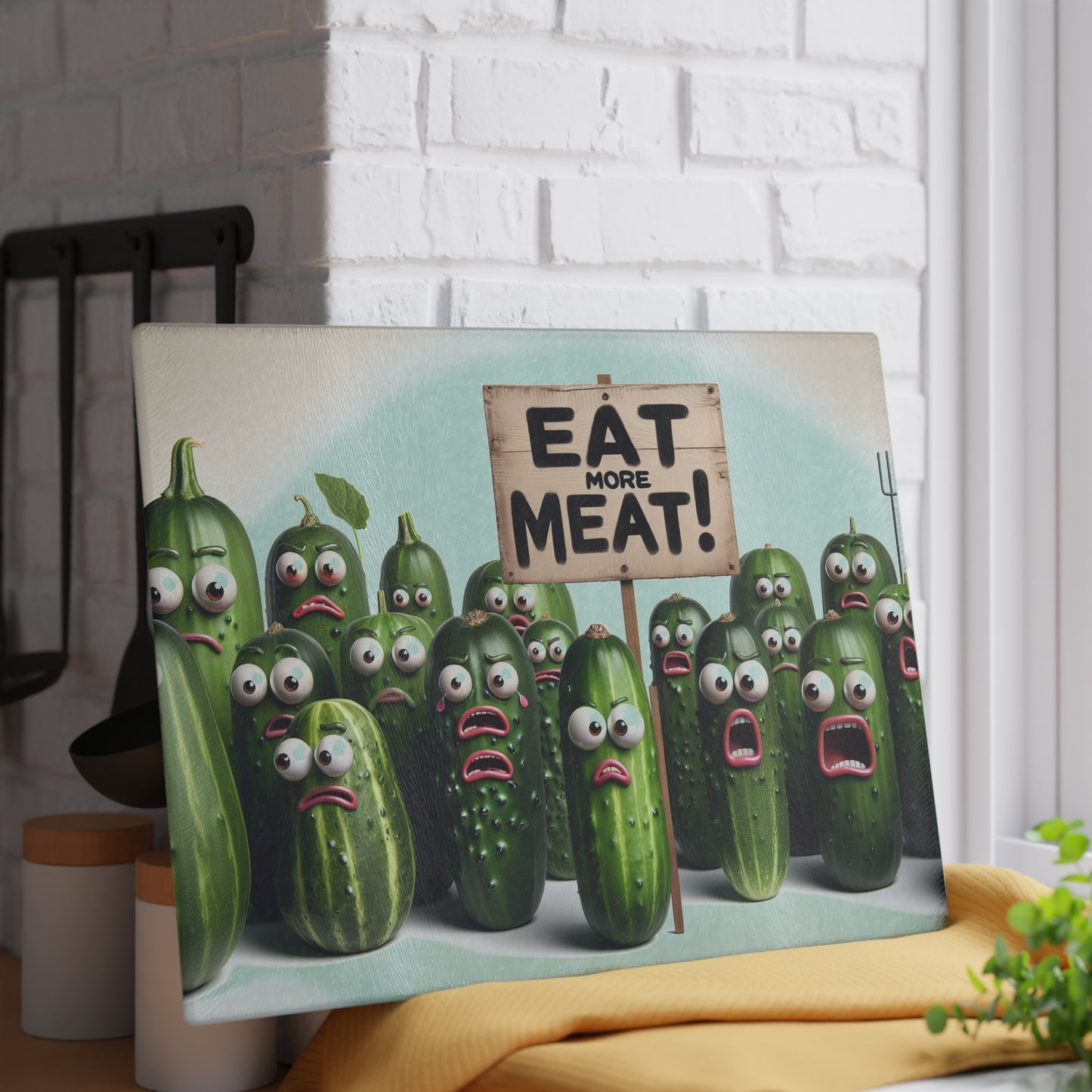“Eat More Meat!” Funny Glass Cutting Board | Quirky Kitchen Gift