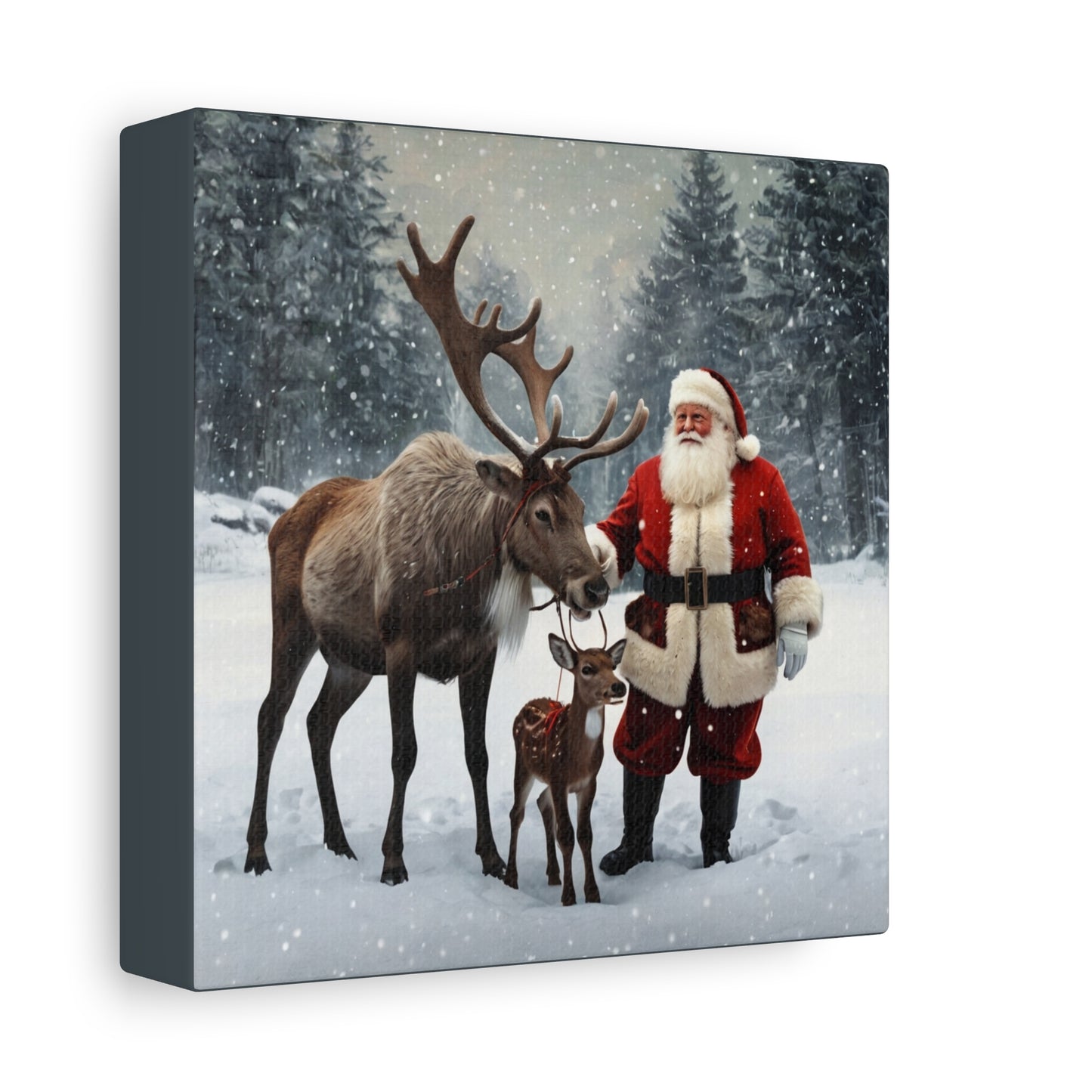 Canvas print of Santa Claus with a reindeer and a deer in a snowy landscape.