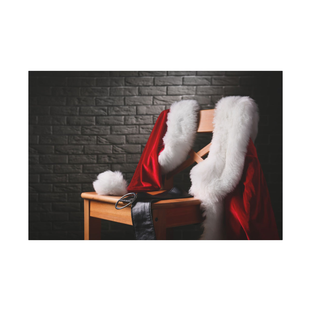 Red velvet chair with white fur trim against a dark brick wall