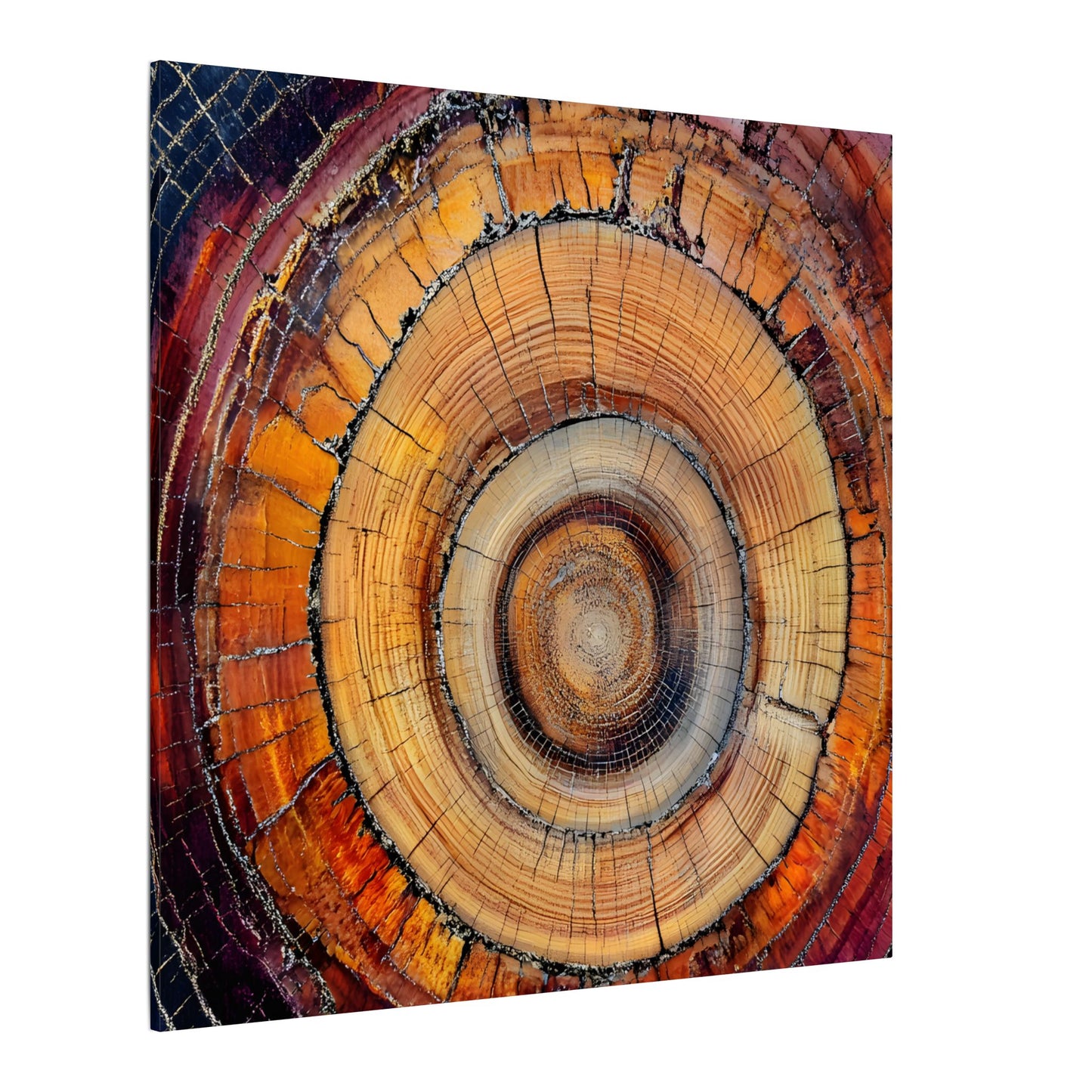 Close-up of a tree trunk cross-section with concentric rings on a white background