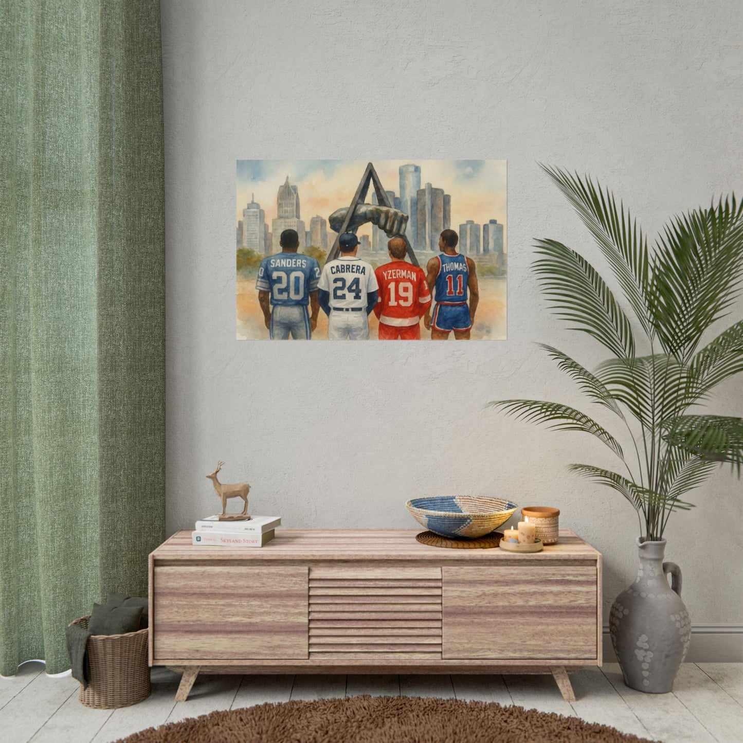 Living room with a wooden console table, decorative items, and a painting of Detroit sports legends